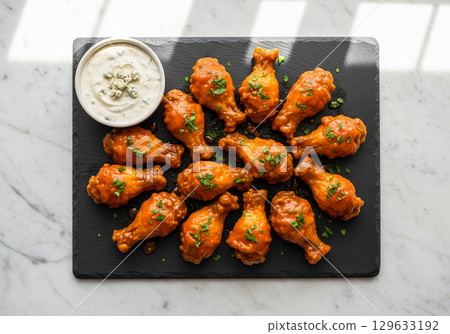 Top Down View of Buffalo Wings with Blue Cheese Dip on Slate 129633192