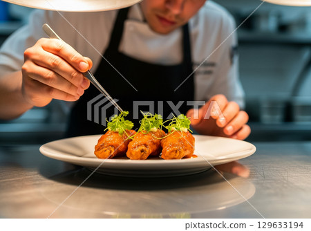 Chef Garnishing Buffalo Wings on a White Plate in a Restaurant Kitchen 129633194