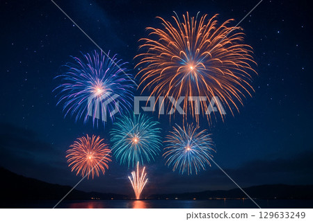 Huge fireworks lighting up the night sky at Todabashi Bridge 129633249