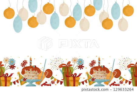 Festive seamless border: cupcake, candle, candy, garland, confetti, flowers, gifts, balloons. Watercolor, pastel illustration in autumn colors. design 129633264