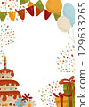 Festive watercolor template of a postcard in autumn colors: cake, candle, flowers, gifts, balloons, garland, confetti. For design in printing 129633265