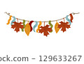 Autumn garland of ribbons and leaves, festive watercolor composition in autumn colors. Design element for printing, children's prints, and decorations. 129633267