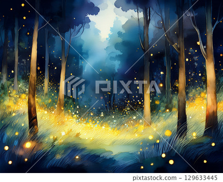 Fireflies in the dark night (watercolor style) 129633445