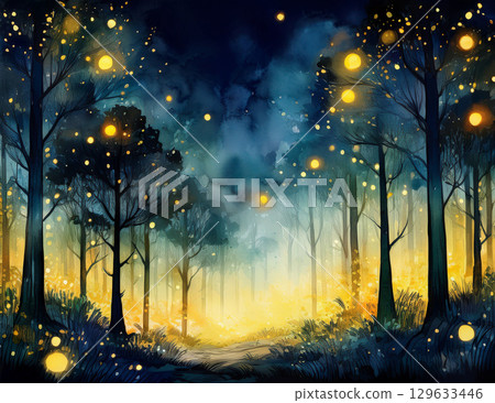 Fireflies in the dark night (watercolor style) 129633446
