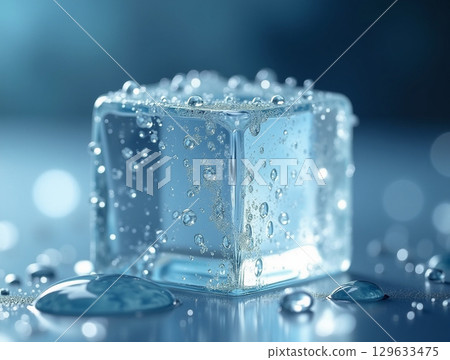 Minimalist Clear Ice Cube with Water Droplets Cool Refreshment 129633475