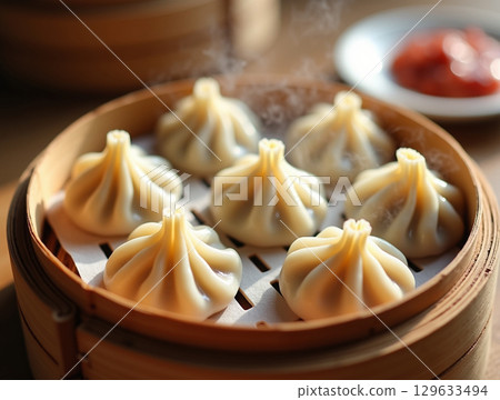 Delicious Steaming Dumpling In Traditional Bamboo Steamer Asian Cuisine Food 129633494