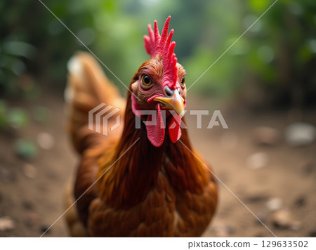 Close-Up Portrait of a Beautiful Brown Chicken in Natural Lighting 129633502