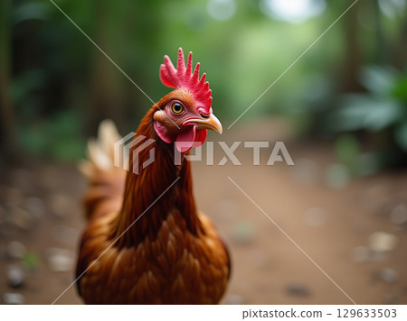Selective Focus Portrait of a Brown Chicken Standing in a Farm Environment 129633503