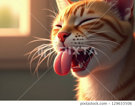 Realistic Close Up Portrait of a Blissful Orange Tabby Cat Pet Animal 129633506