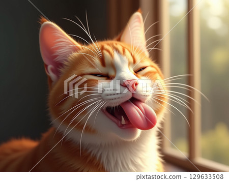 Detailed Close Up Portrait of an Orange Tabby Cat with Tongue Out 129633508
