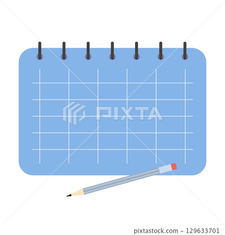 Blue spiral-bound calendar with empty grid and pencil in flat style, planning or scheduling concept 129633701