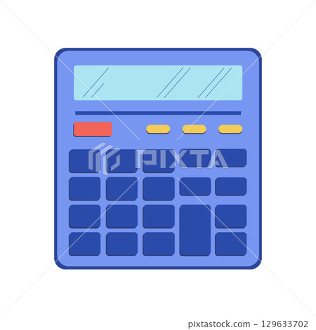 Blue calculator with red, yellow, and dark blue buttons, flat graphic style, concept of calculation and finance 129633702