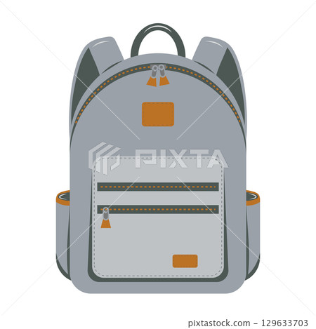 Stylish gray backpack with brown zipper accents in flat graphic style, for school supplies or travel concept 129633703