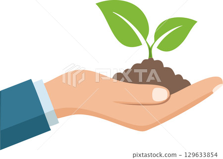 A stylized hand holding a tiny plant with green leaves and soil, minimal design, clean white background 129633854