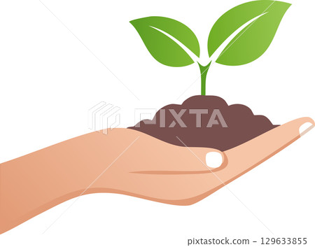 Artistic flat illustration of a hand cupping soil and a sprouting seedling, soft gradient shading, white background 129633855