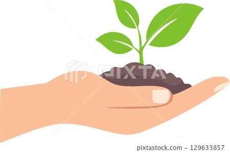 Gentle hand illustration with small green plant emerging from soil, non realistic style, simple color palette 129633857