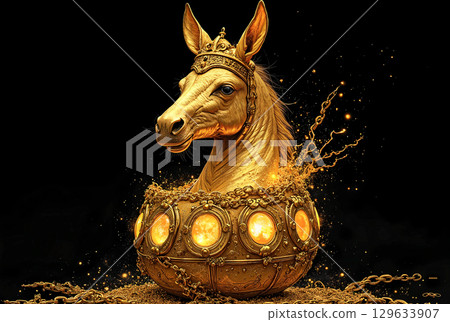 Golden installation of a decorative character. A detailed sculpture of a horse's head with a royal crown rises above a luxurious gold ball decorated with chains and luminous circular inlays.  129633907