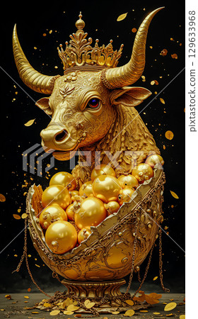 Golden installation of a decorative character. An exquisite sculpture of a buffalo with large horns, topped with a golden crown, housed in a large, richly decorated egg, adorned with luxury. Golden installation of a decorative character. An exquisite sculpture of a buffalo with large horns, topped with a golden crown, housed in a large, richly decorated egg, adorned with luxury. 129633968
