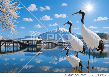 白雪皚皚的鶴之舞橋和岩木山 129633987