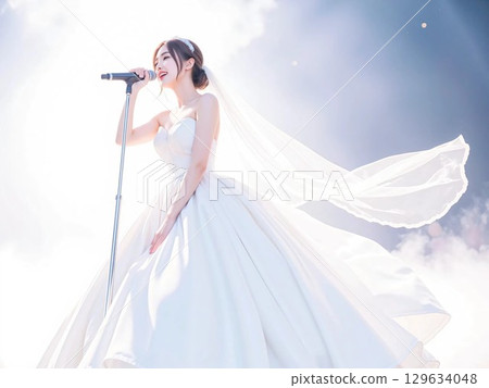 A woman wearing a wedding dress enjoying karaoke 129634048