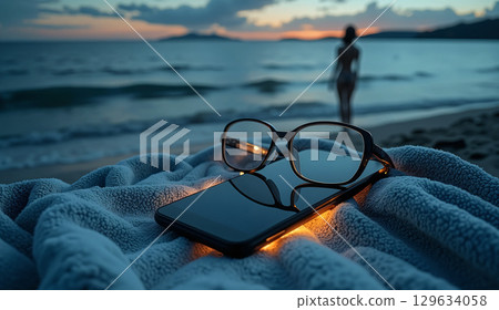 Personal belongings and a evening seascape. On the seashore there are a towel, a smartphone and glasses, and near the water you can see the silhouette of a girl against the backdrop of an evening sea 129634058