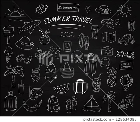 Set of hand-drawn white summer travel icons on blackboard background, including airplanes, tropical drinks, beach accessories, luggage, maps, and vacation symbols. Perfect for posters, travel blogs, 129634085