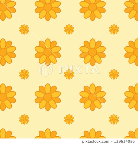 Seamless floral pattern with bright yellow and orange flowers on a soft pastel yellow background. Cheerful and vibrant, perfect for textiles, wallpapers, gift wrap, digital backgrounds, and 129634086