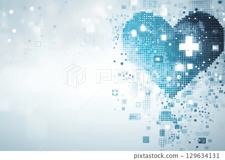 Clean and soft white medical background with modern healthcare concept consisting of heart shape and medical capsules 129634131
