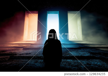 Three shining wooden doors at a crossroads in life - symbols of choice and uncertainty 129634235