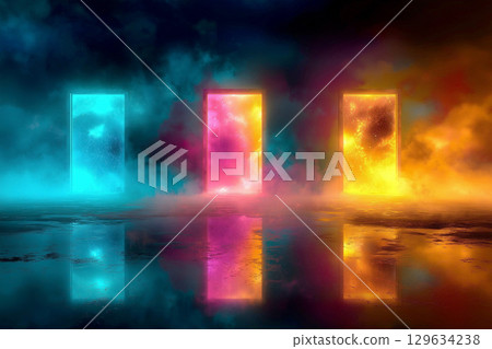 Three shining wooden doors at a crossroads in life - symbols of choice and uncertainty 129634238