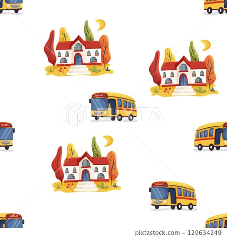 Seamless pattern with school building and school bus 129634249