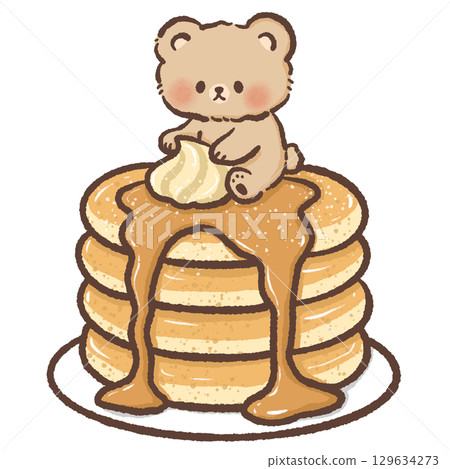 Cute kawaii bear sitting on fluffy pancake stack with butter and syrup dessert illustration for cafe bakery food art prints stickers scrapbooking and digital projects 129634273