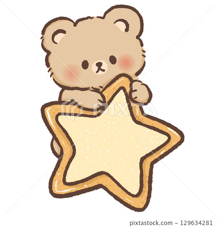 Cute kawaii bear holding a star shaped cookie with sugar icing in soft pastel colors perfect for nursery art kids decor dessert themes and sweet illustration projects Cute kawaii bear holding a star shaped cookie with sugar icing in soft pastel colors perfect for nursery art kids decor dessert themes and sweet illustration projects 129634281