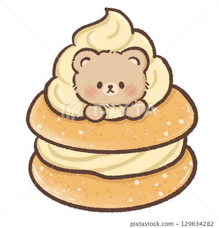 Adorable kawaii bear sitting inside a large golden cream puff with fluffy whipped cream filling in soft pastel tones perfect for bakery themes dessert art childrens illustrations and cute design  129634282