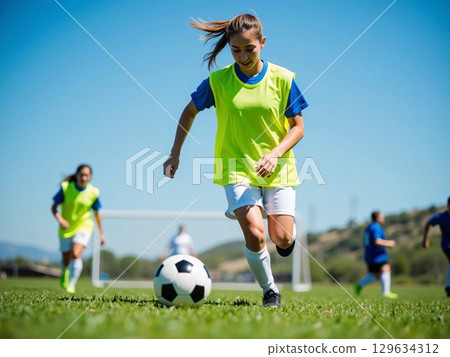 A woman playing football A woman playing football 129634312