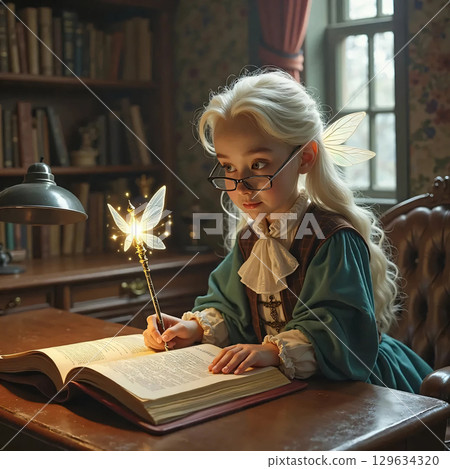 The little sorceress is learning spells. A little blonde fairy sits at a table in front of a book of spells, with a magic wand in her hand. 129634320