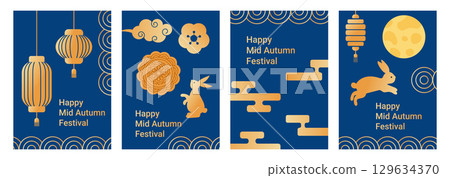 Mid Autumn Festival card set with moon and lanterns 129634370