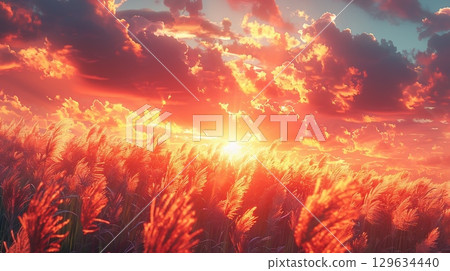 夕陽染紅的紫芒田野 129634440