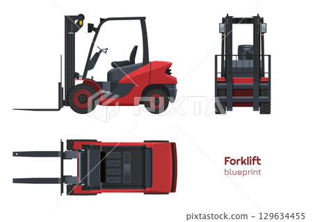 Red forklift drawing. Isolated cargo loader. Side, front and top view of industrial machine. 3D model of warehouse transport. Logistic vehicle Red forklift drawing. Isolated cargo loader. Side, front and top view of industrial machine. 3D model of warehouse transport. Logistic vehicle 129634455