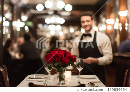 Red roses bouquet creating romantic atmosphere in restaurant on valentine's day Red roses bouquet creating romantic atmosphere in restaurant on valentine's day 129634664