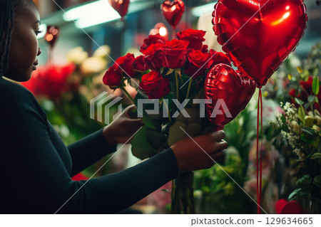 African American Florist arranging red roses with heart balloons for valentine's day 129634665