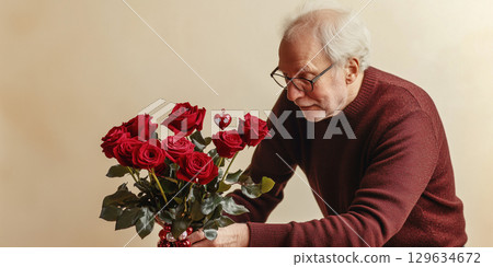 Senior florist arranging red roses for valentine's day bouquet 129634672