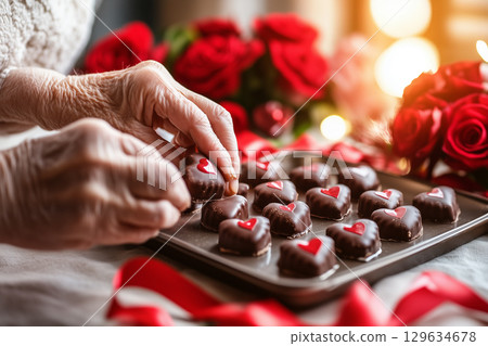 Elderly woman arranging heart shaped chocolates for valentine's day 129634678