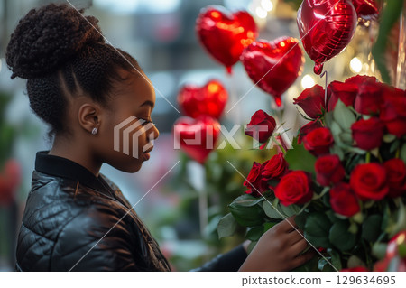 African American Florist arranging red roses for valentine's day in flower shop 129634695