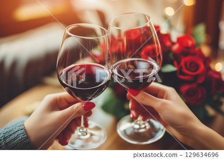 Couple holding glasses of red wine celebrating valentine's day with roses bouquet 129634696
