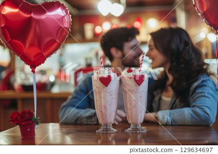 Couple celebrating valentine's day with milkshakes in a cafe 129634697