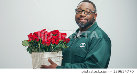 African American Florist holding a basket of red roses for valentine's day 129634770