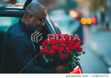 African American Elegant man picking up red roses bouquet from car trunk for valentine's day 129634772
