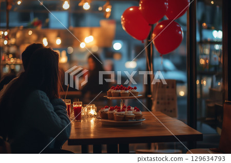 Woman celebrating valentine's day in cozy cafe with cupcakes and red balloons Woman celebrating valentine's day in cozy cafe with cupcakes and red balloons 129634793