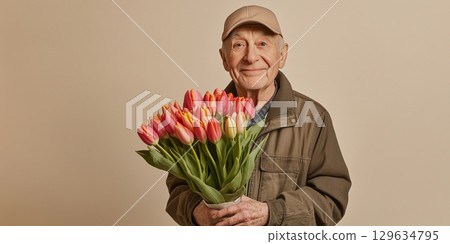 Senior florist holding bouquet of tulips for valentine's day Senior florist holding bouquet of tulips for valentine's day 129634795